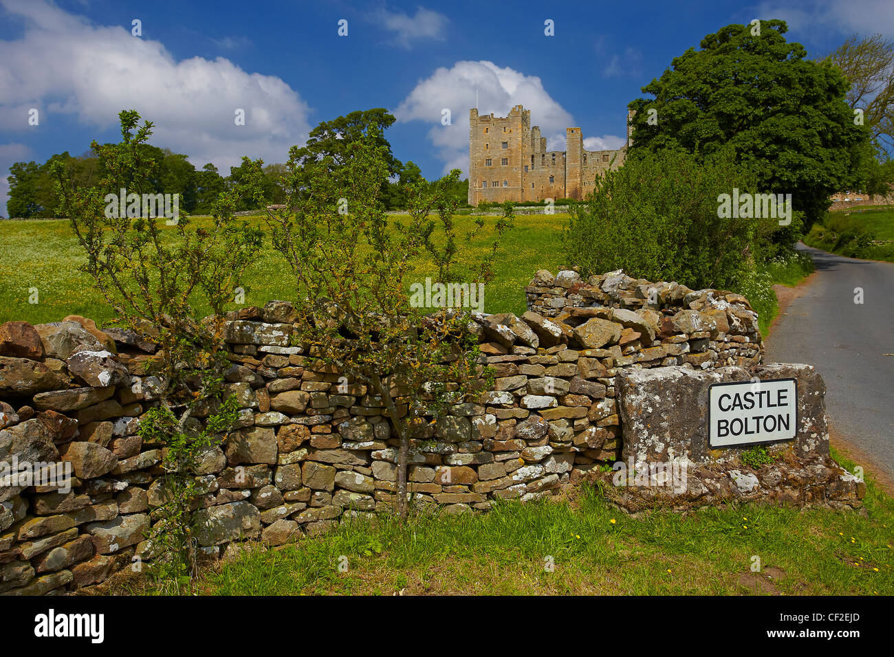 Sign on the roadside for the village of Castle Bolton from which Bolton Castle takes its name. Stock Photo