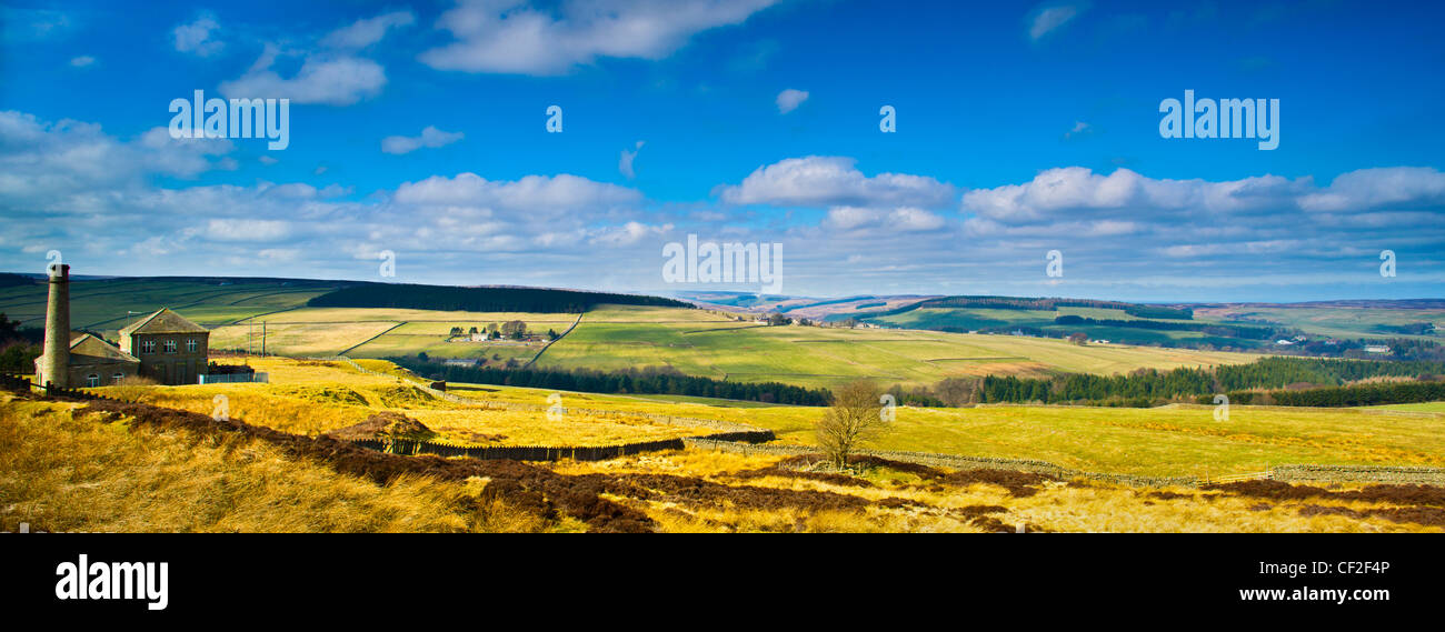 Panoramic view of the Derwent Valley in the North Pennines Area of Outstanding Natural Beauty and European Geopark. Stock Photo