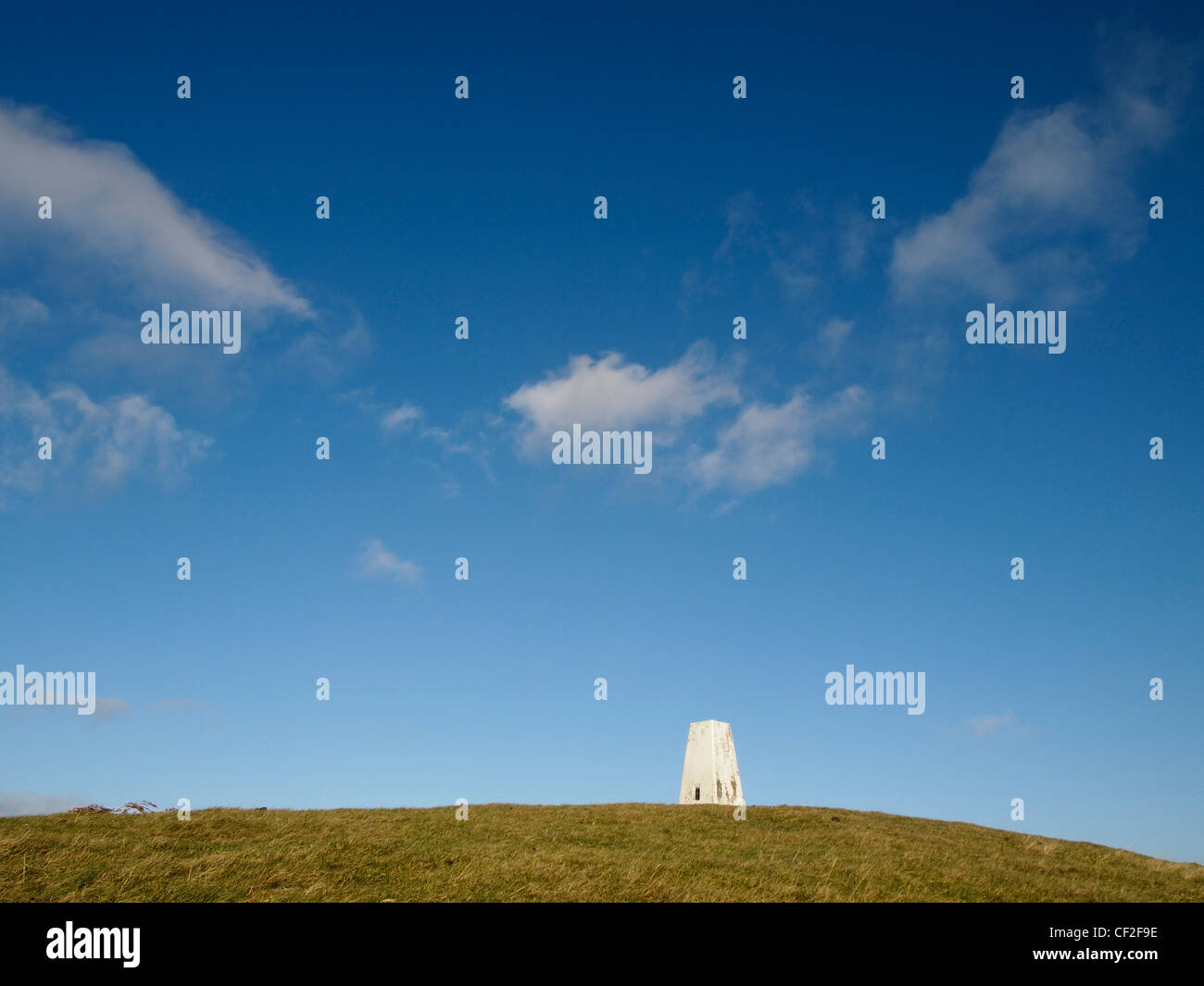 White trig point on summit of Moel Bentyrch, Wales Stock Photo