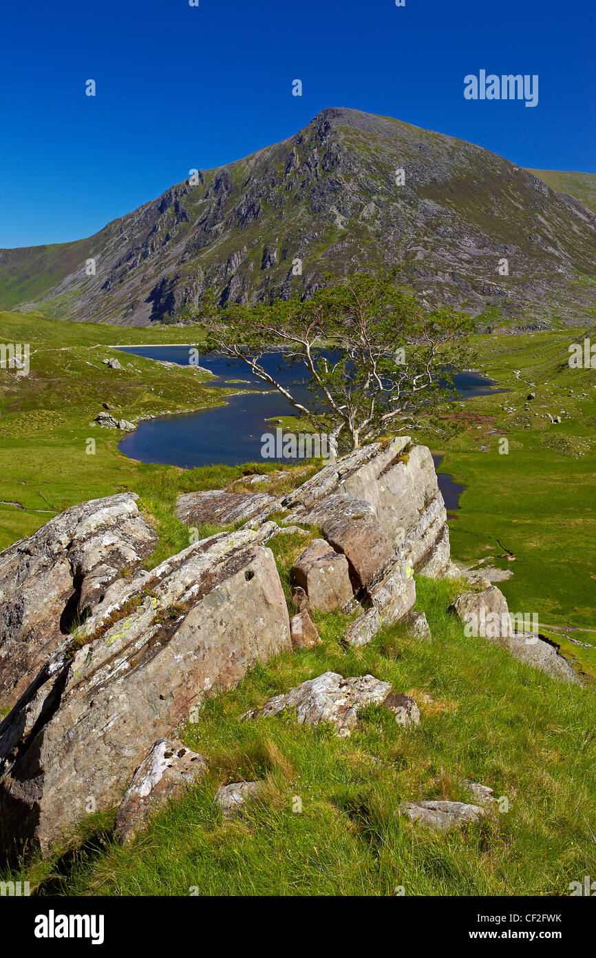 View of Pen Yr Ole Wen, the seventh highest mountain in Snowdonia and in Wales, from a path above Llyn Idwal in Snowdonia. Stock Photo