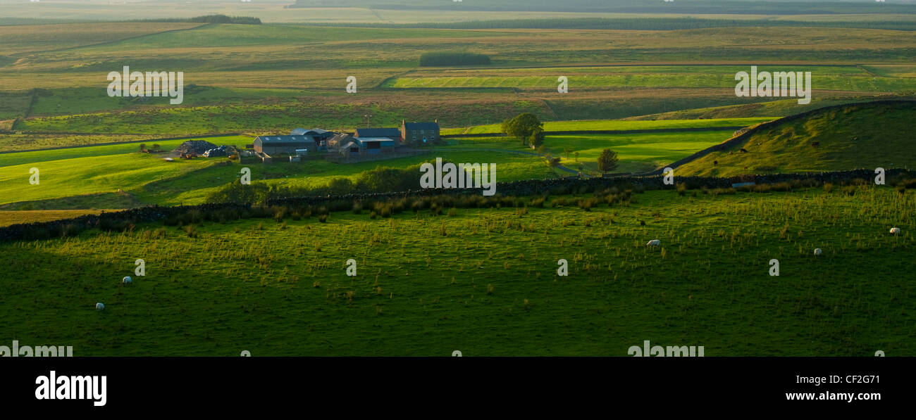 Farmhouse and surrounding Northumberland countryside alongside Hadrian ...