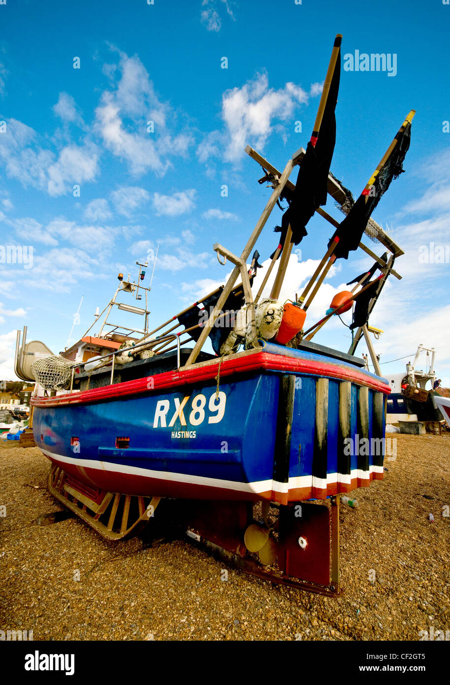 Fishing boat beached on the Stade at Hastings. Stock Photo