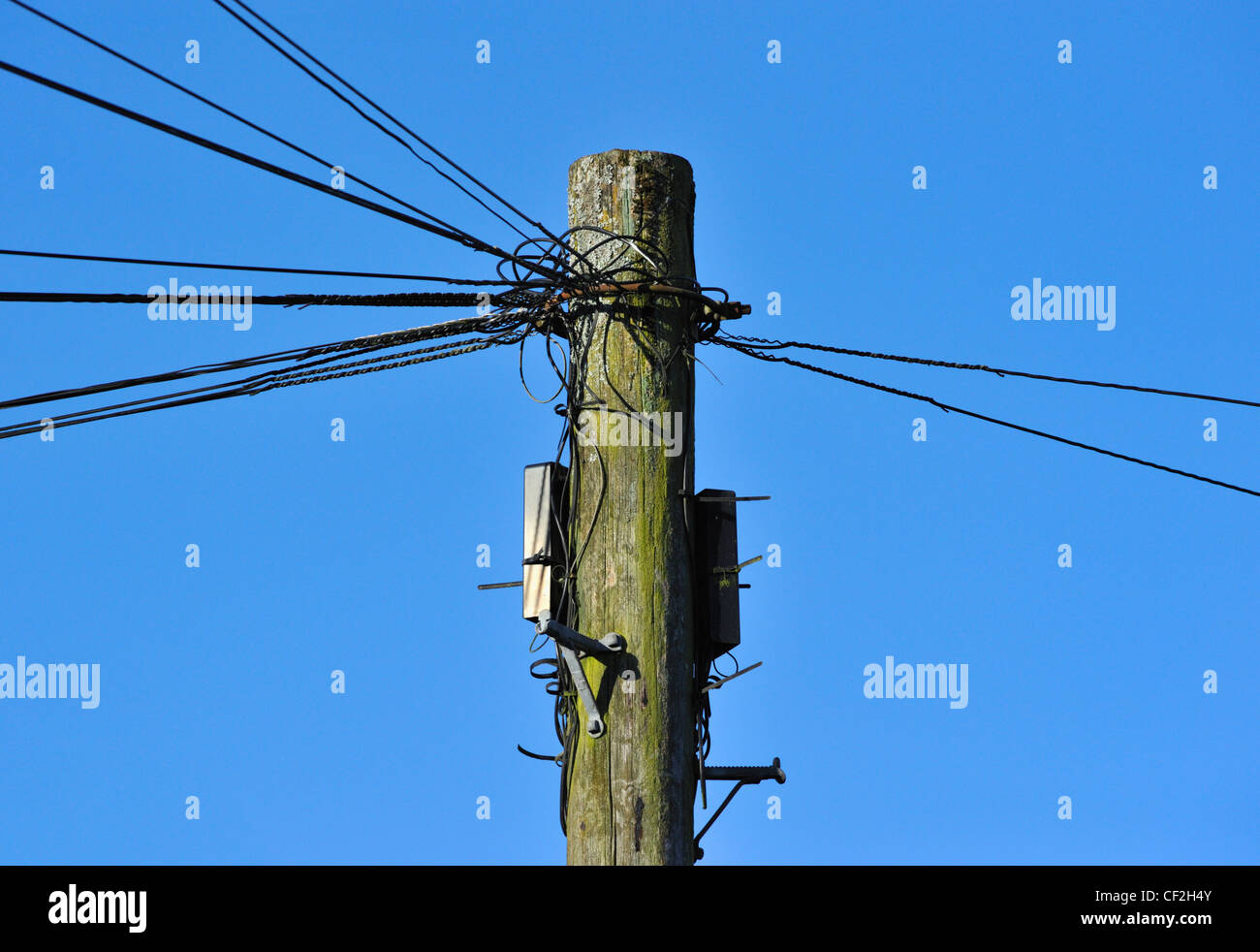 Detail of wooden telegraph pole and wires. Stock Photo