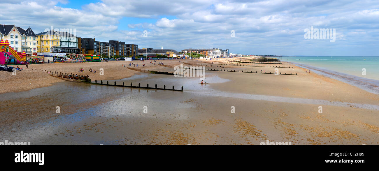 Panoramic view of the beach and seafront at Bognor Regis. Stock Photo