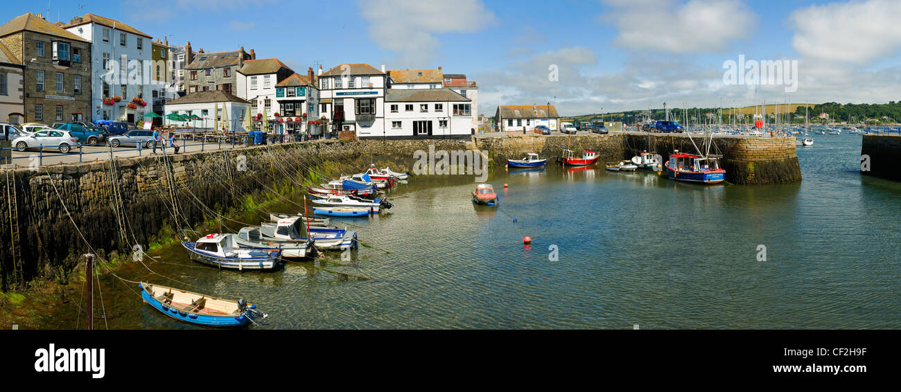 A panoramic view of small boats in King Charles Quay in Falmouth. Stock Photo