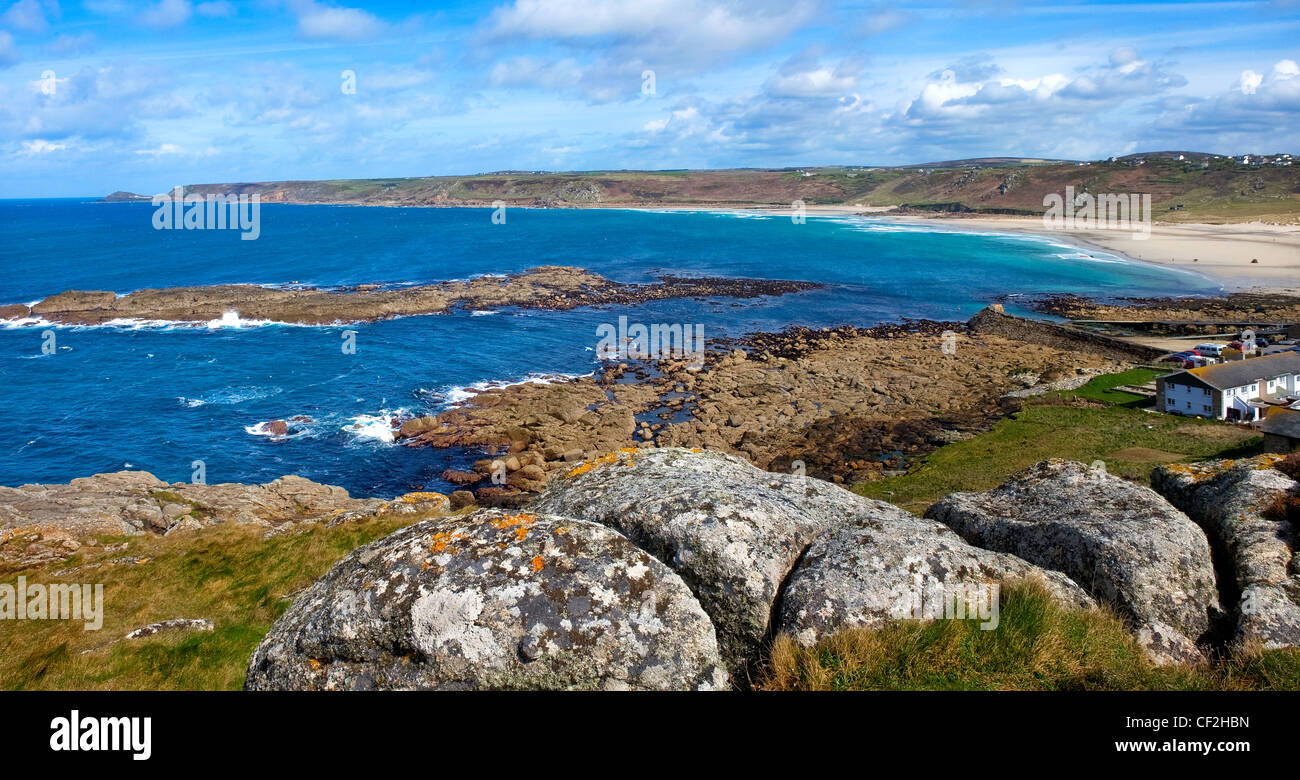 A panoramic view of Sennen Cove, a renowned surfing location in Cornwall. Stock Photo