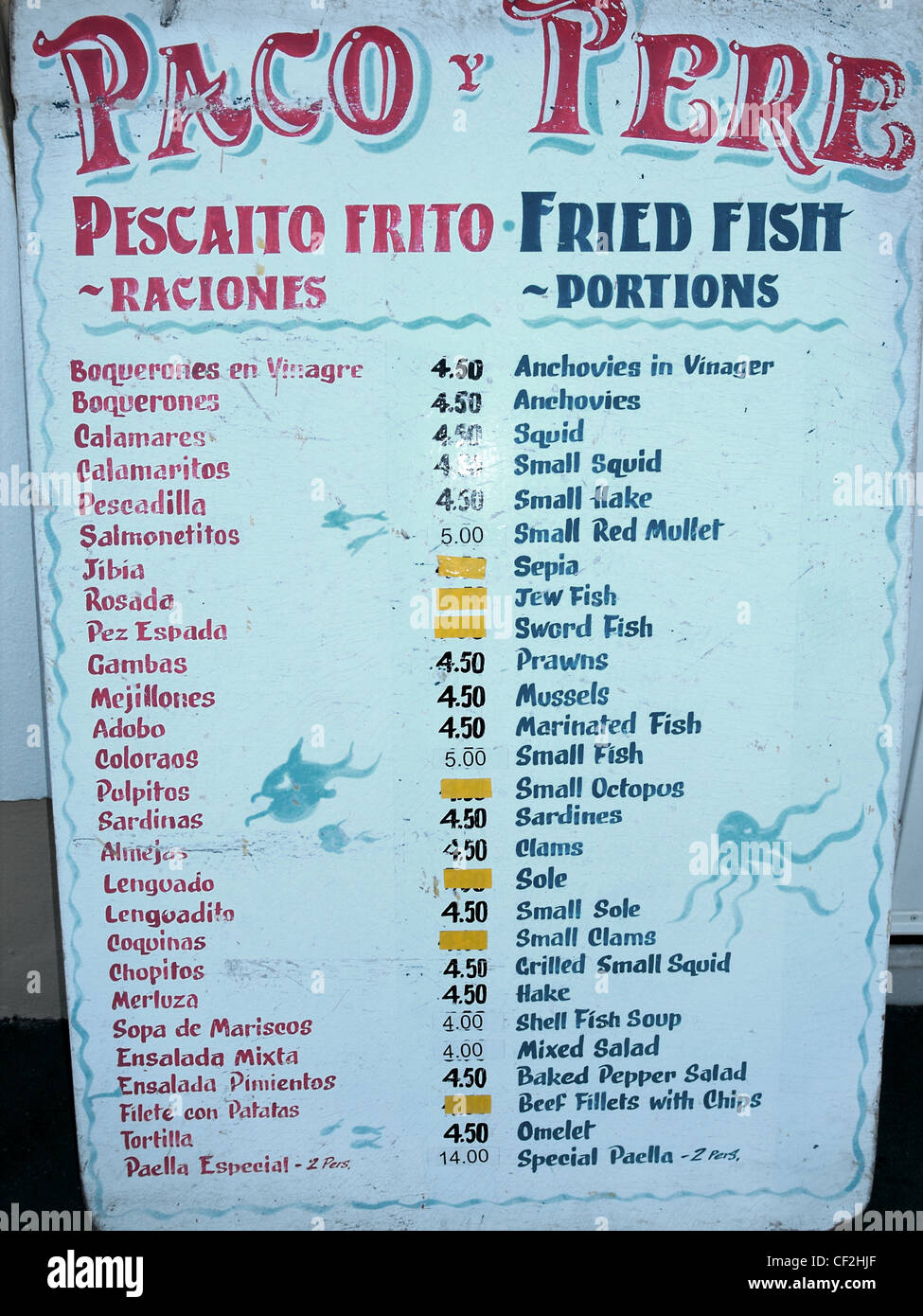 Fish restaurant menu board in the harbour area Fuengirola Fish restaurant menu board in the harbour area Fuengirola