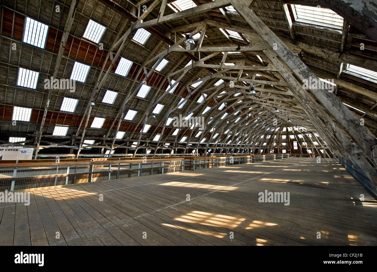 The internal steel mezzanine floor of No.3 covered slip at the Historic Dockyard Chatham. Stock Photo
