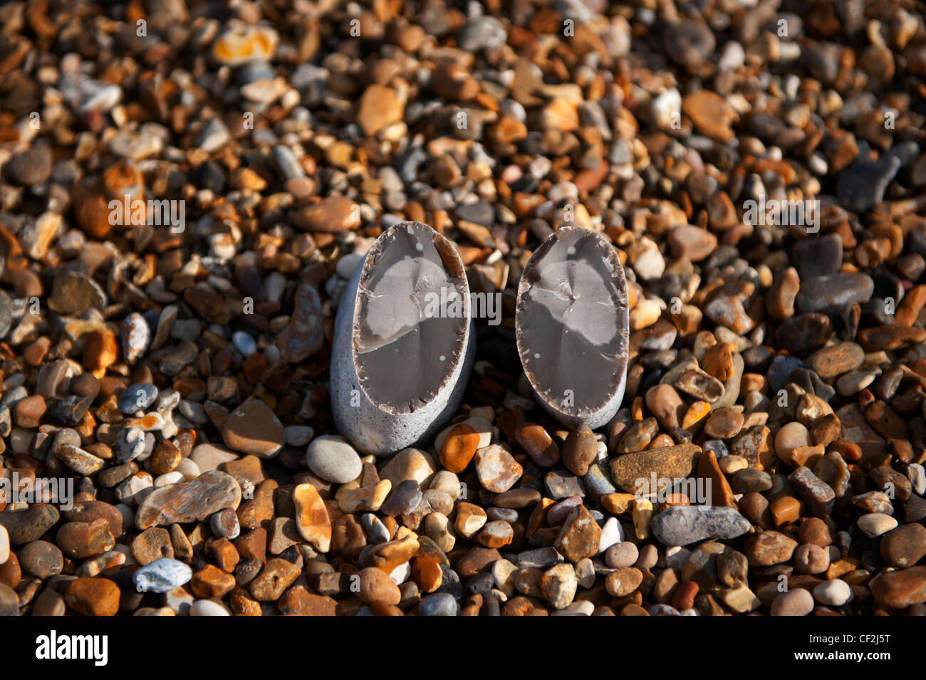 Flint Stone on the beach at Aldeburgh, the charming seaside town on the Suffolk coast of East Anglia, England 26 Feb 2012. Stock Photo