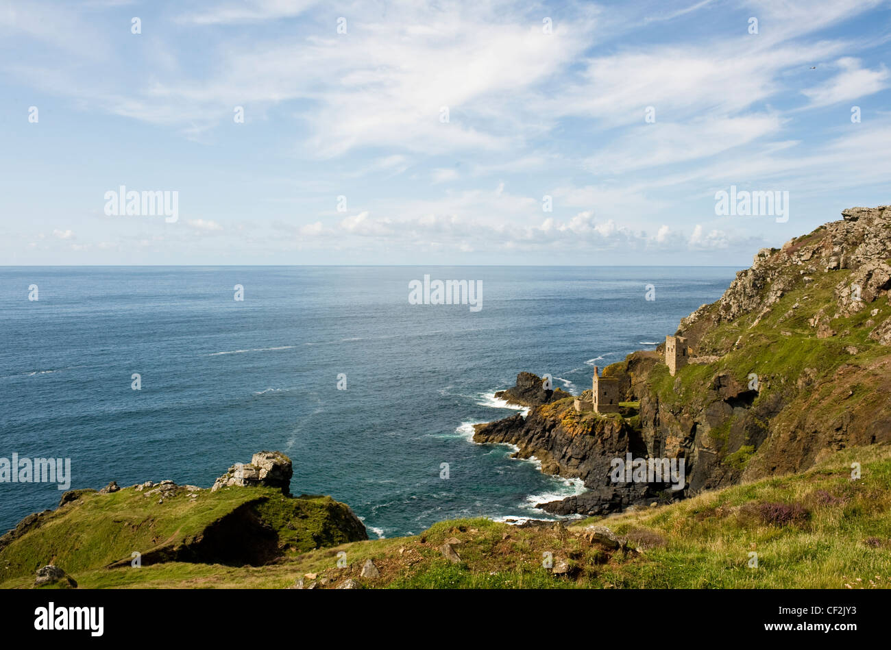 Engine houses at Crown Mines, former  tin mines on the Cornish coast north of Botallack. Stock Photo