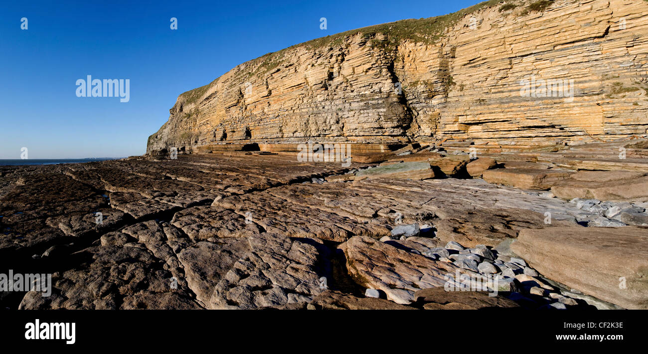 A panoramic view of the sandstone cliffs of Dunraven Bay. Stock Photo