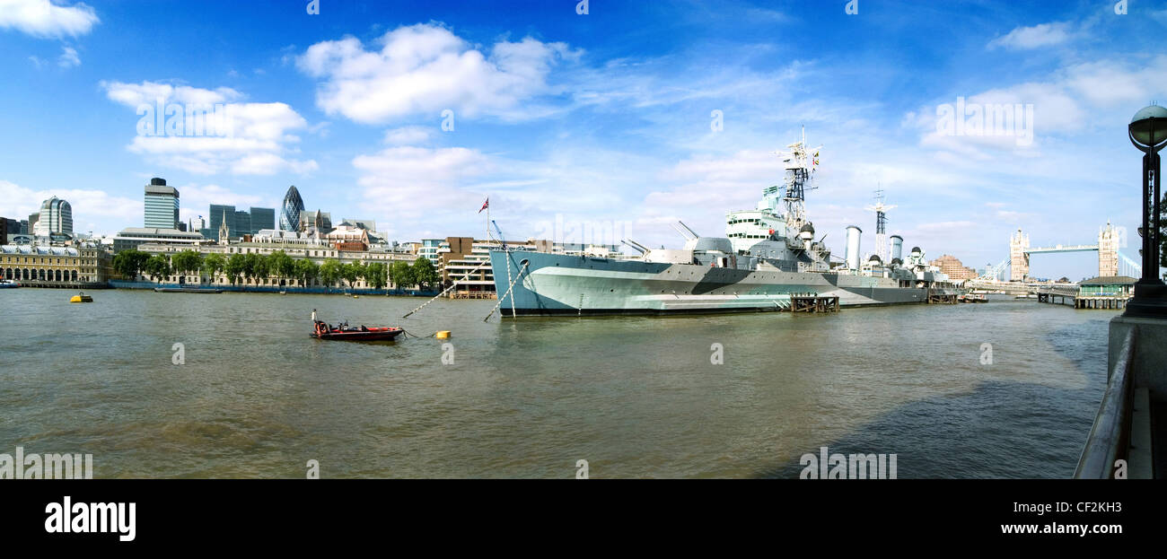 HMS Belfast on the River Thames, the only surviving ship of her type to have seen active service during the Second World War and Stock Photo