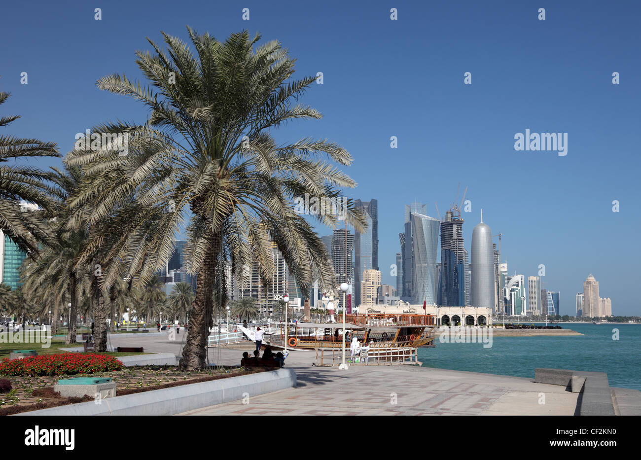 Palm Trees at the Corniche in Doha downtown district, Al Dafna, Qatar