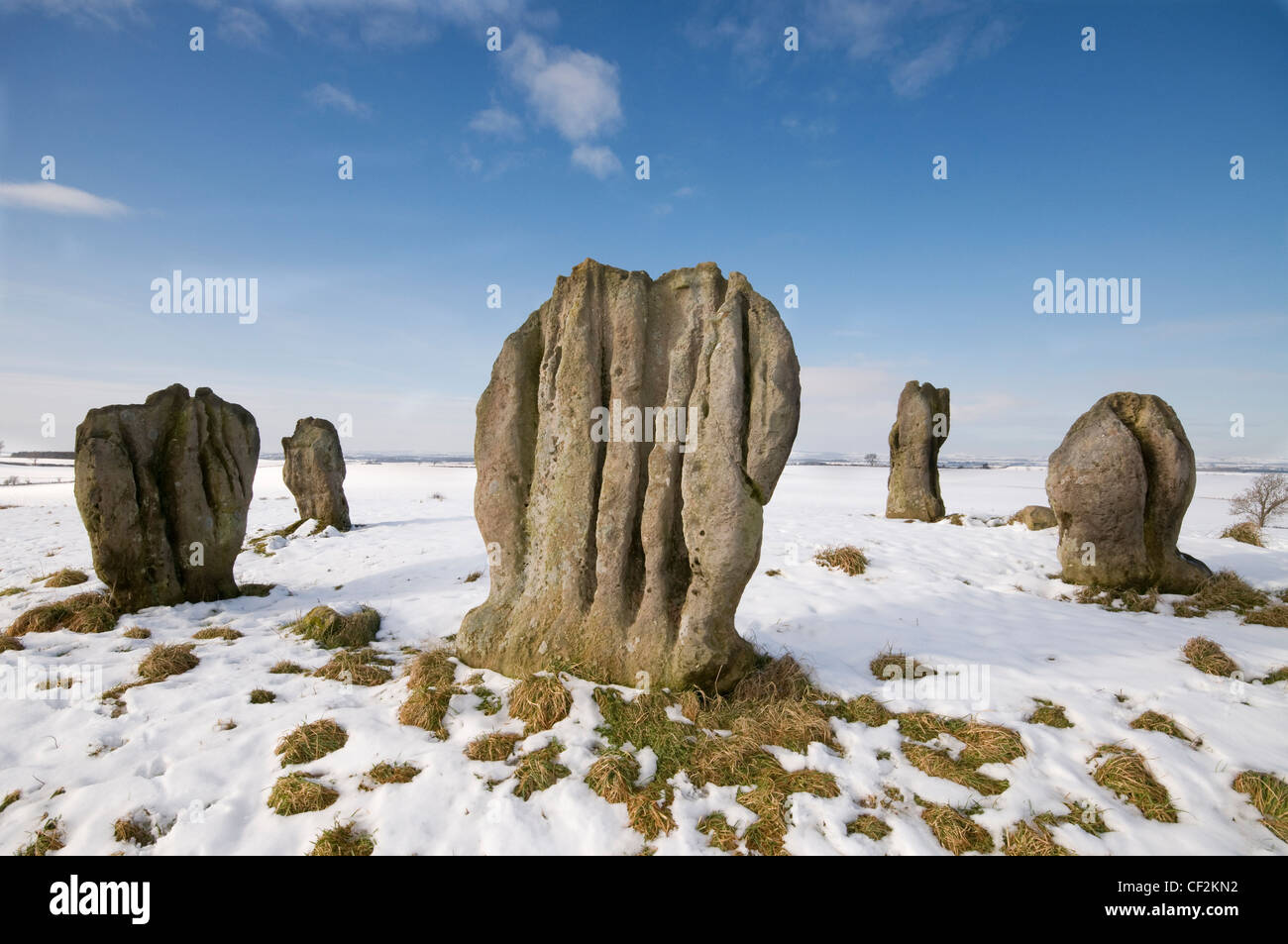Duddo Four Stones (although there are actually five) a prehistoric stone circle on a snow covered hilltop in Northumberland. The Stock Photo