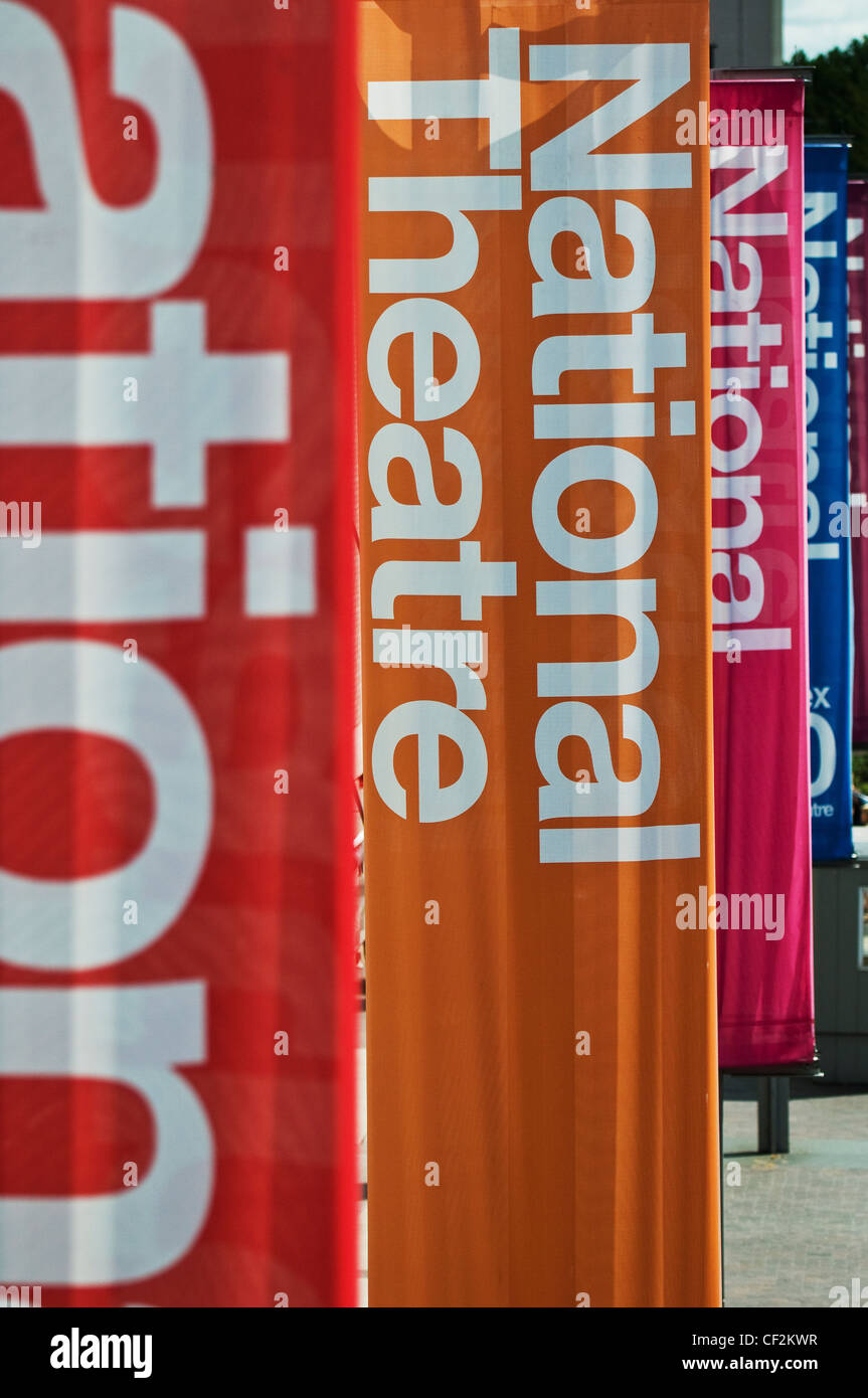 Multi-coloured banners hanging outside the National Theatre on the South Bank. Stock Photo
