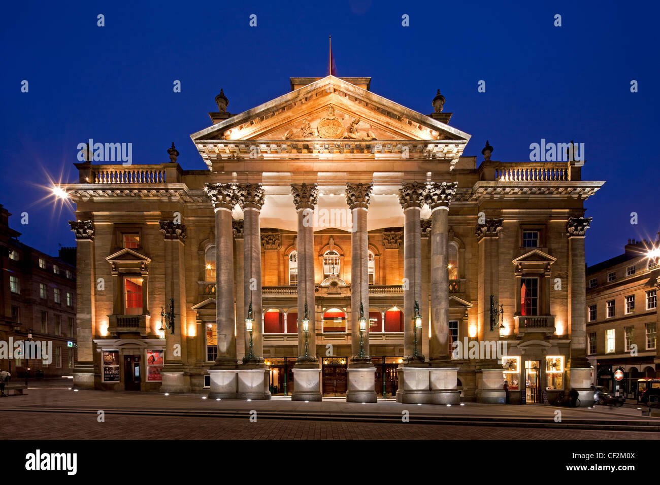 The Theatre Royal Newcastle front view lit at night. Newcastle upon