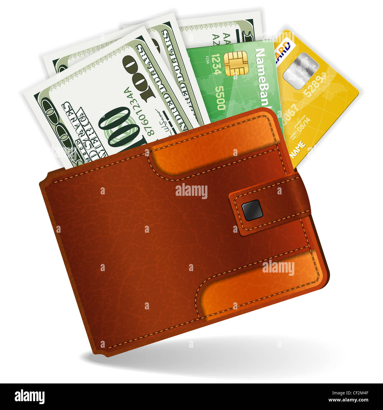 Leather Wallet with Dollars and Credit Cards, high detailed vector ...