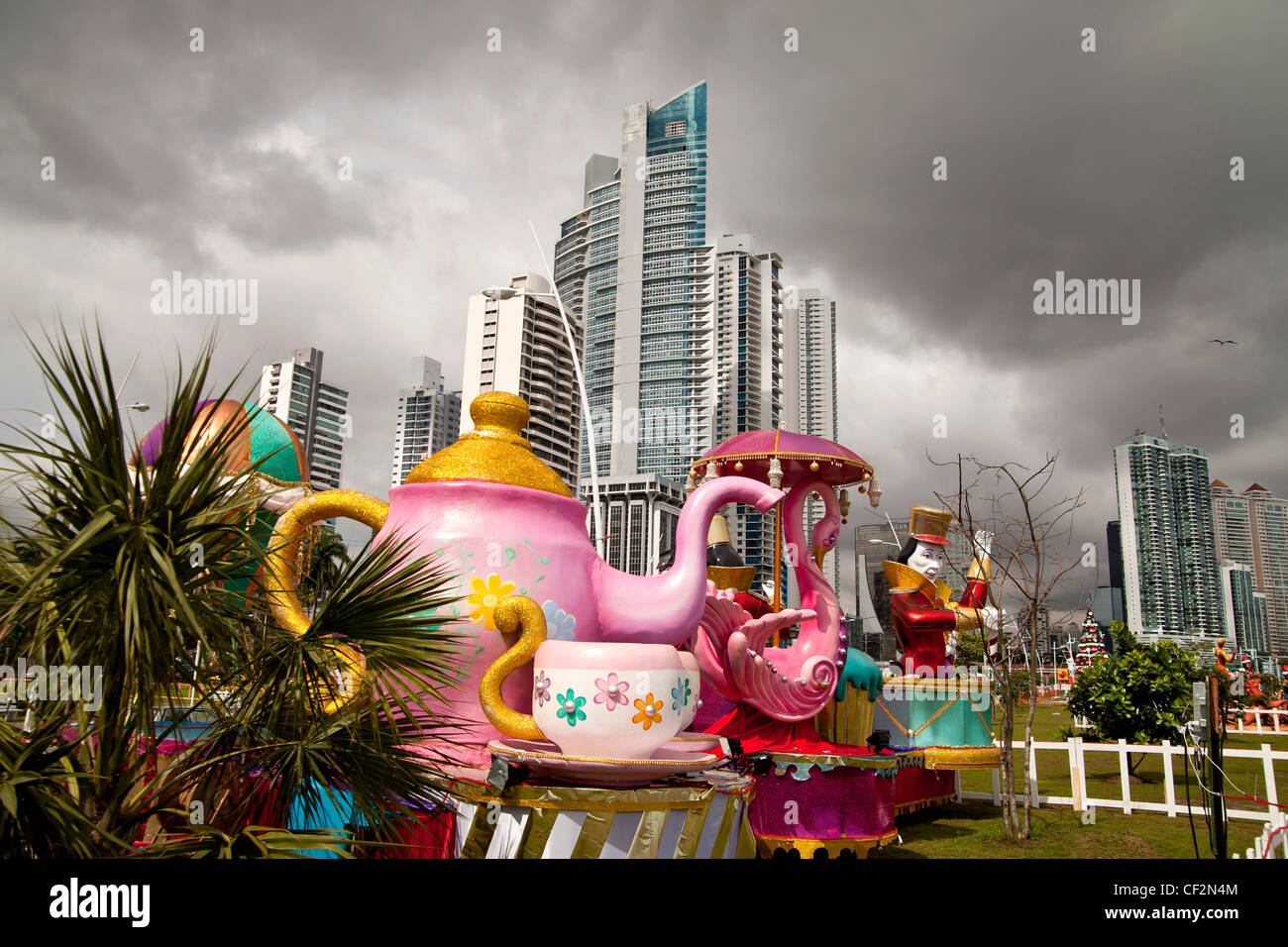colourful Christmas decoration and the skyline of Panama City, Panama, Central America Stock Photo