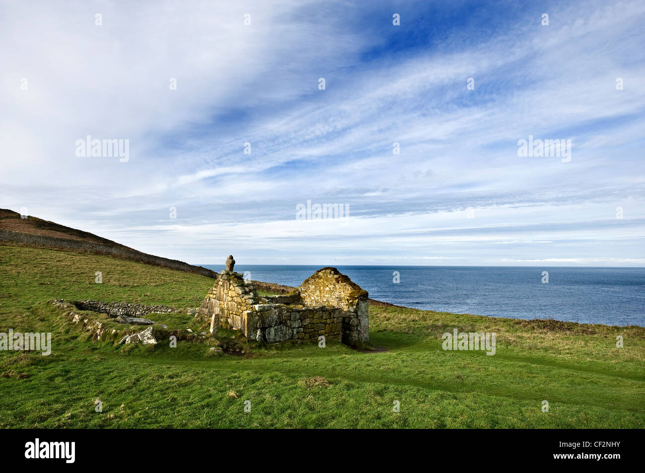 The remains St Helen's Oratory, an old chapel dating back to Romano-Christian times at Cape Cornwall. Stock Photo