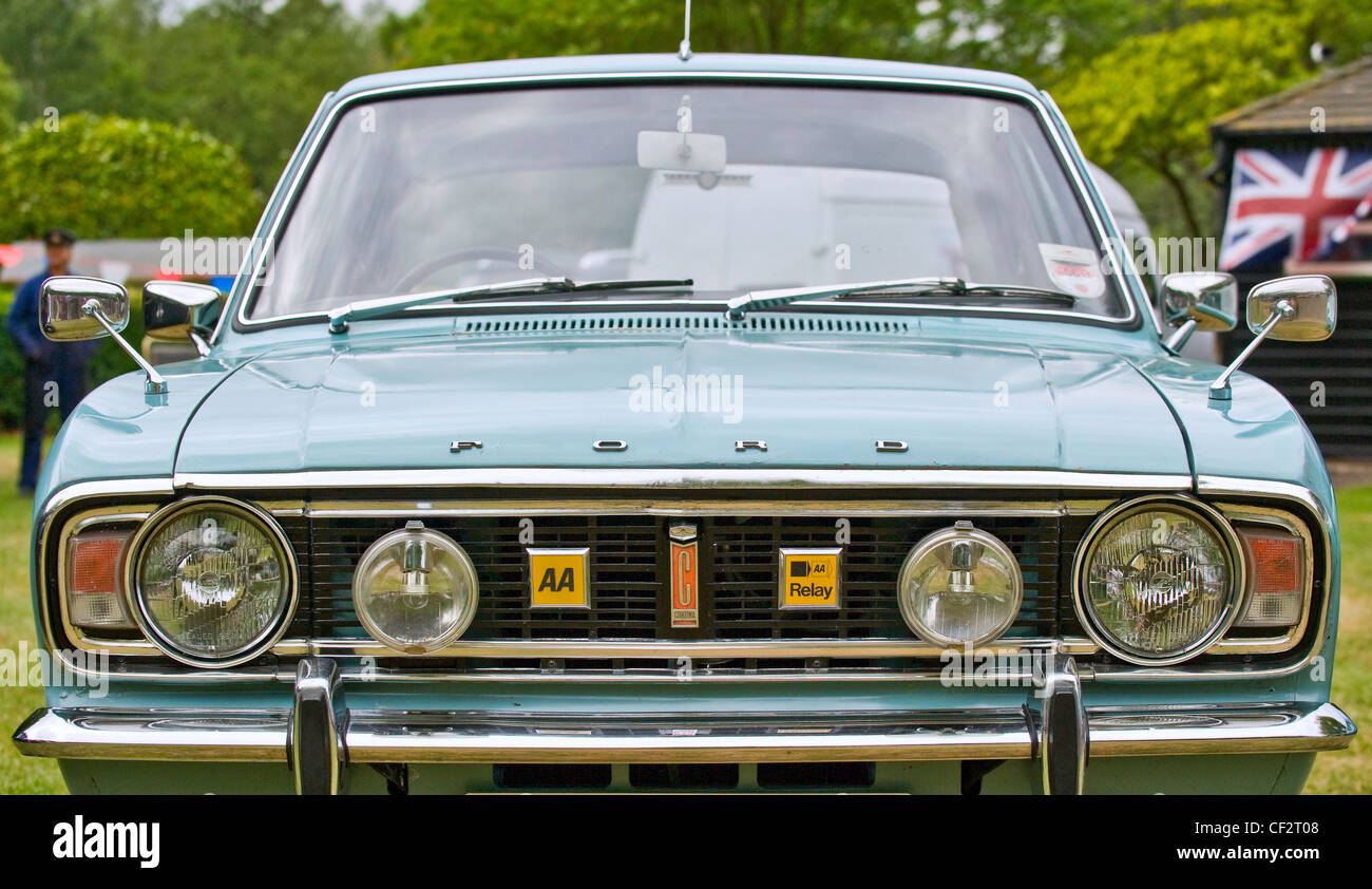 The front of a Ford Cortina, on display at the Audley End Road and Rail Steam Gala 2011. Stock Photo