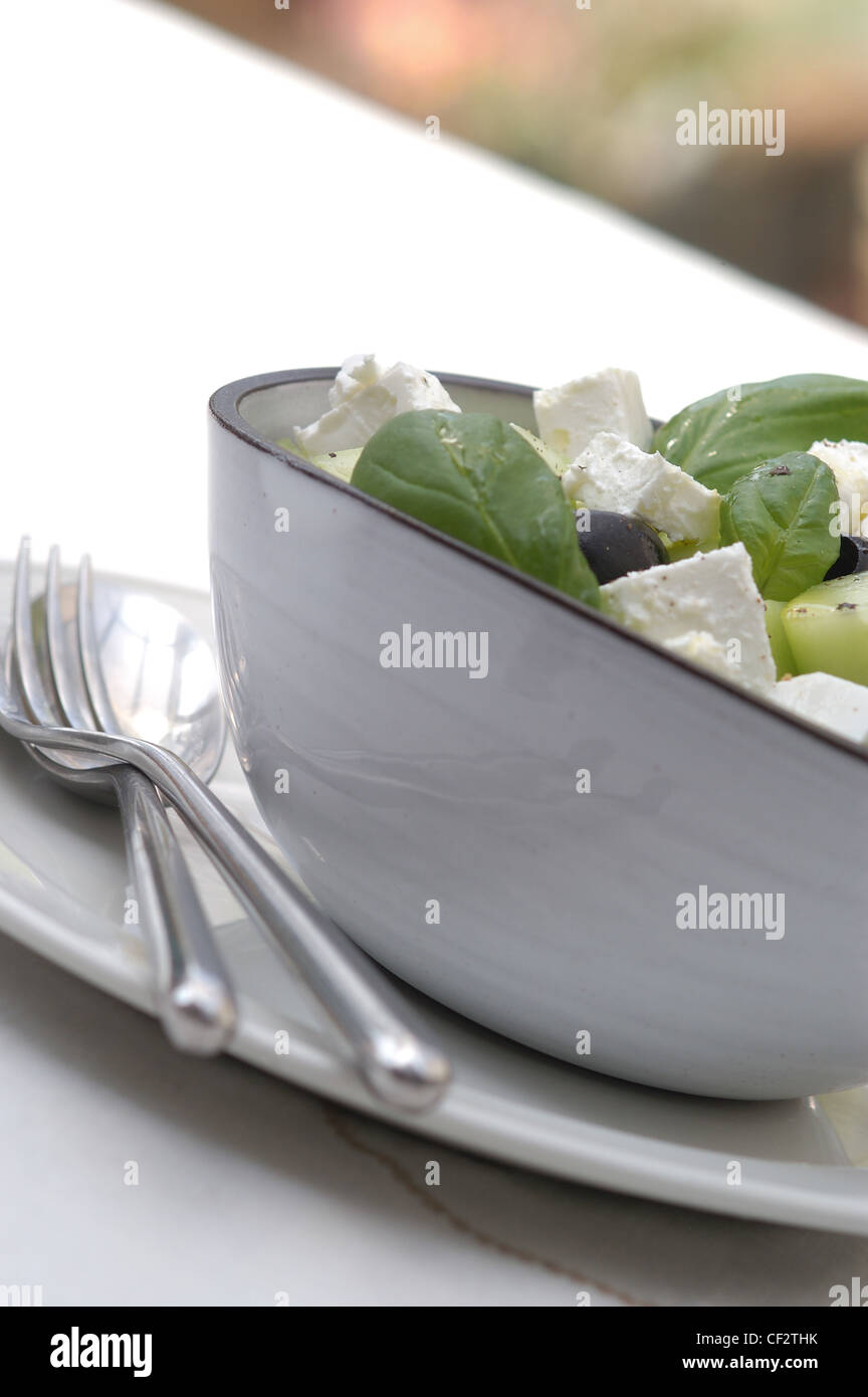 Cucumber and goats cheese salad; diced cucumber, fresh basil leaves