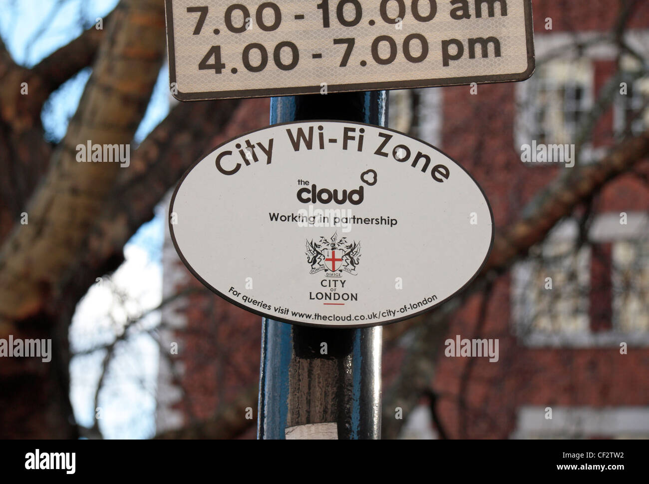 Sign indicating a City wi-fi zone (accessing 'The Cloud') in the City of London, England. Stock Photo