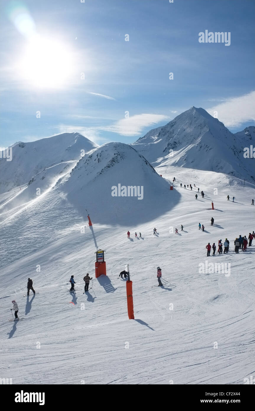 People skiing at the Peyragudes ski resort, Midi-Pyrenees, France. Stock Photo