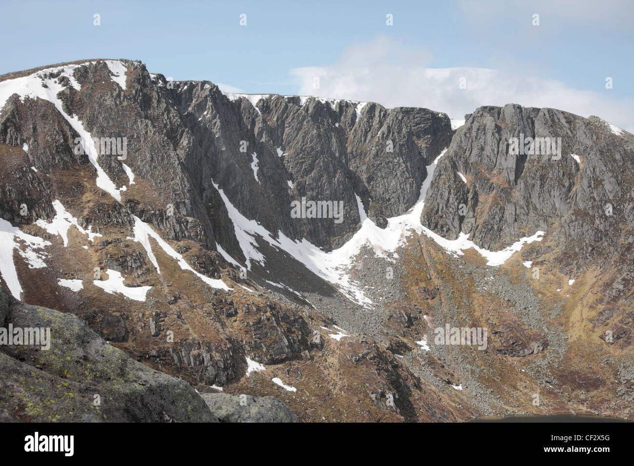 A corrie and snow on Lochnagar, a mountain (Munroe) in the Grampians of Scotland. Stock Photo
