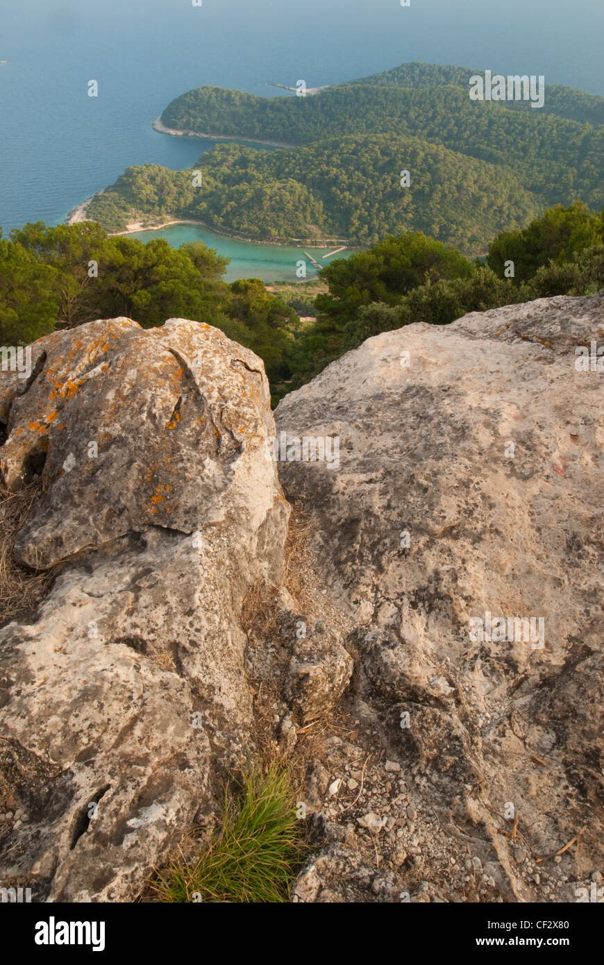 A view from the top of the island of Mljet down towards the entrance to the inland lakes and the sea defences Stock Photo