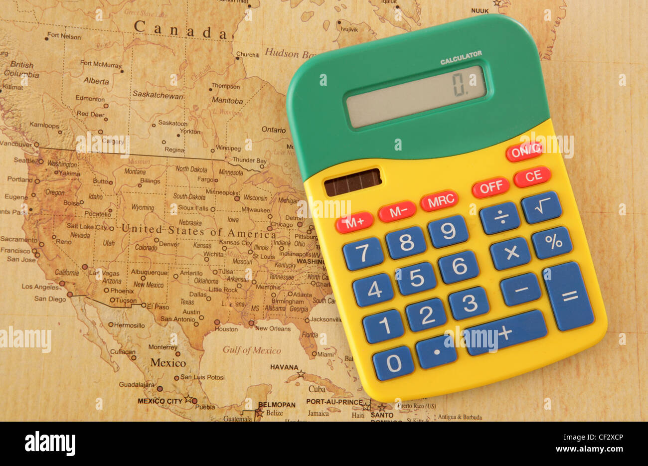 calculator with vintage looking map of America Stock Photo