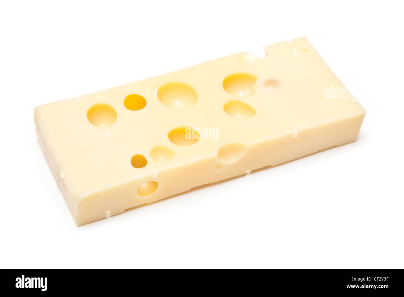 Emmental Swiss cheese isolated on a white studio background. Stock Photo