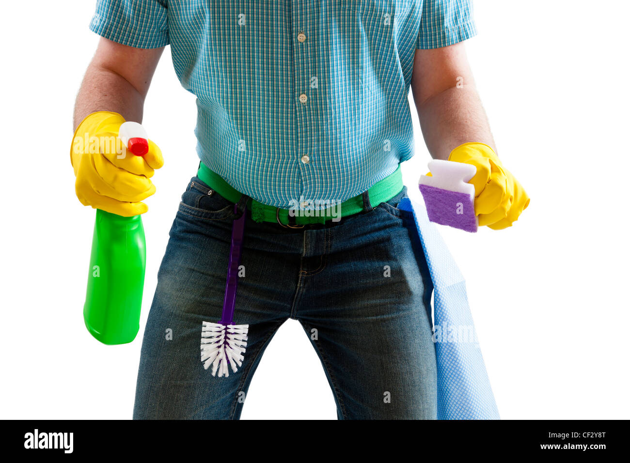 Housework concept. Young man with cleaning materials ready to start a Spring clean. Isolated on a white background. Stock Photo