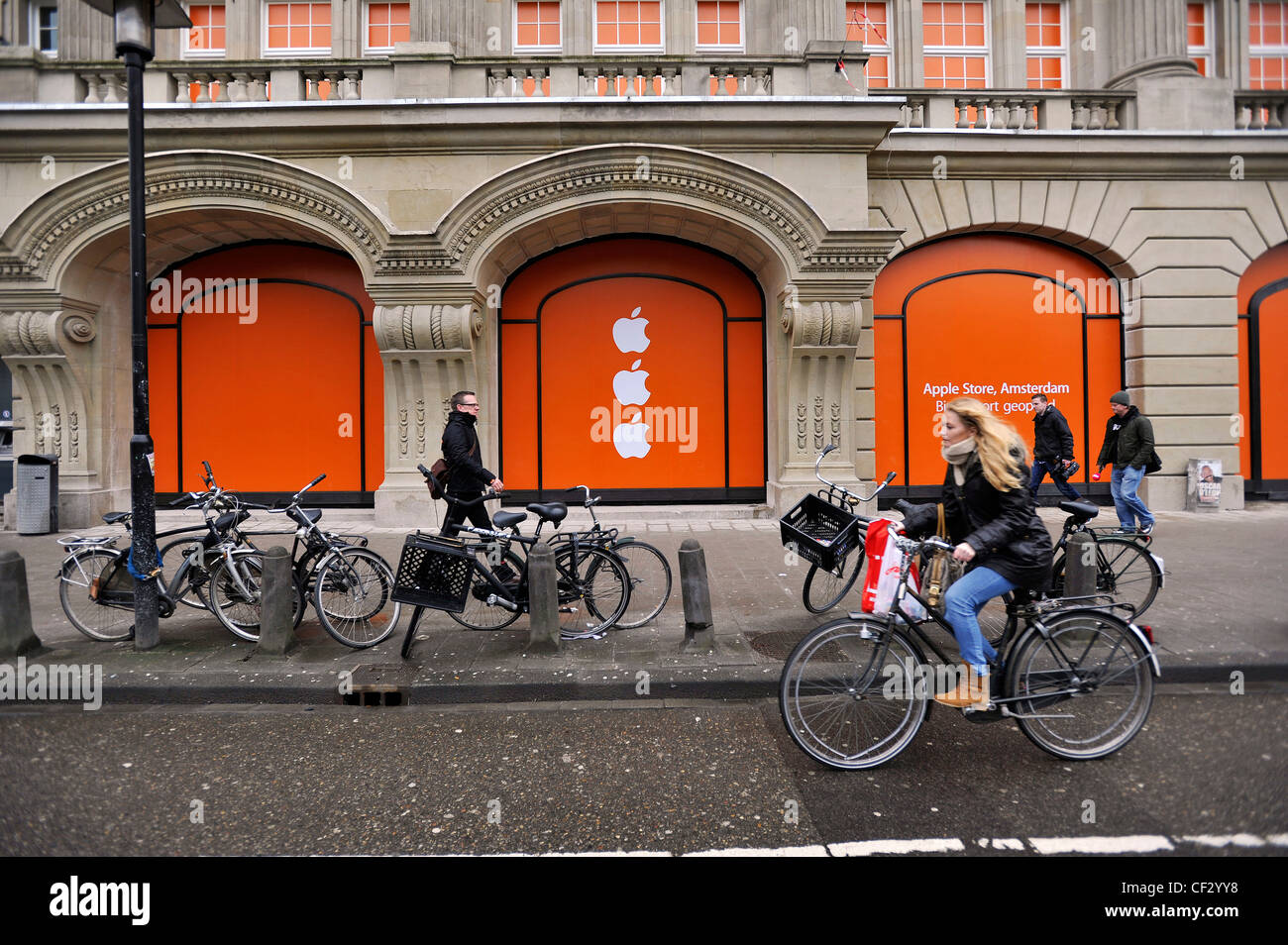 Banners cover the windows of the Apple Store in Leidseplein, Amsterdam