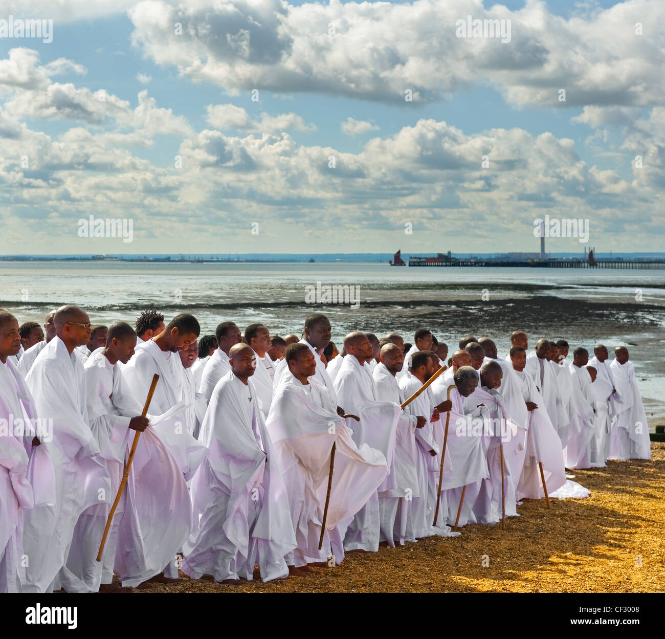Members of the congregation of an apostolic church on Jubilee Beach in Southend-on-Sea. Stock Photo