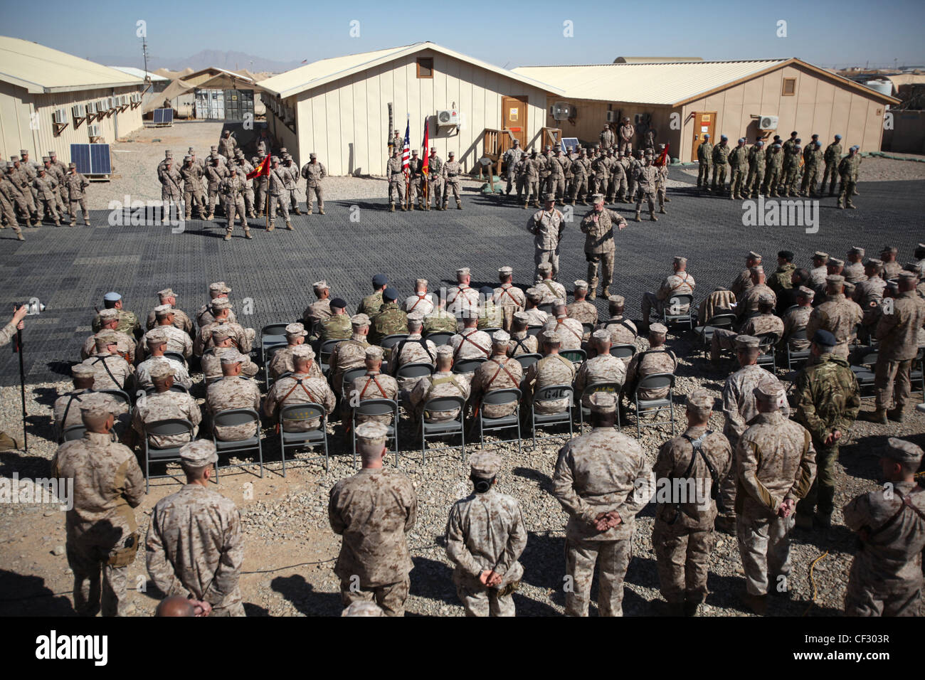 Maj. Gen. John Toolan , the commanding general of Regional Command (SW), speaks to servicemembers during a transfer of authority ceremony at Camp Leatherneck, Afghanistan, Feb. 29. The 2nd Marine Aircraft Wing (Fwd) was relieved after a year-long deployment. Stock Photo
