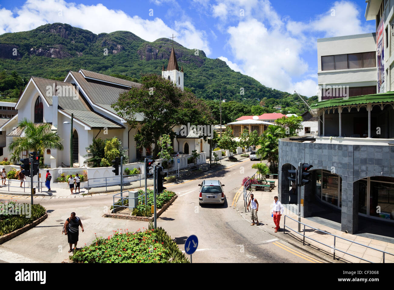 St Pauls Cathedral on 5th June Avenue at its junction with Revolution Avenue, Victoria, Mahe Island, Seychelles Stock Photo