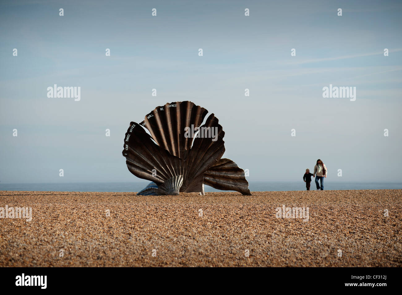 Maggi Hambling's 'Scallop', a sculpture to celebrate composer Benjamin Britten at Aldeburgh, Suffolk, England. Feb 2012. Stock Photo