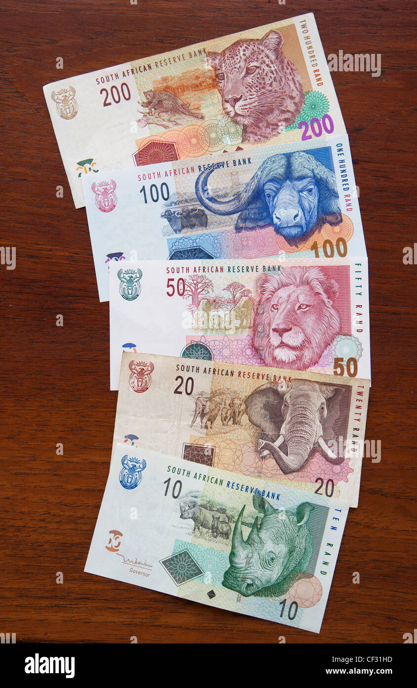 South African banknotes various denominations from 10 to 200 rand notes ZAR rands paper money Southern Africa Stock Photo