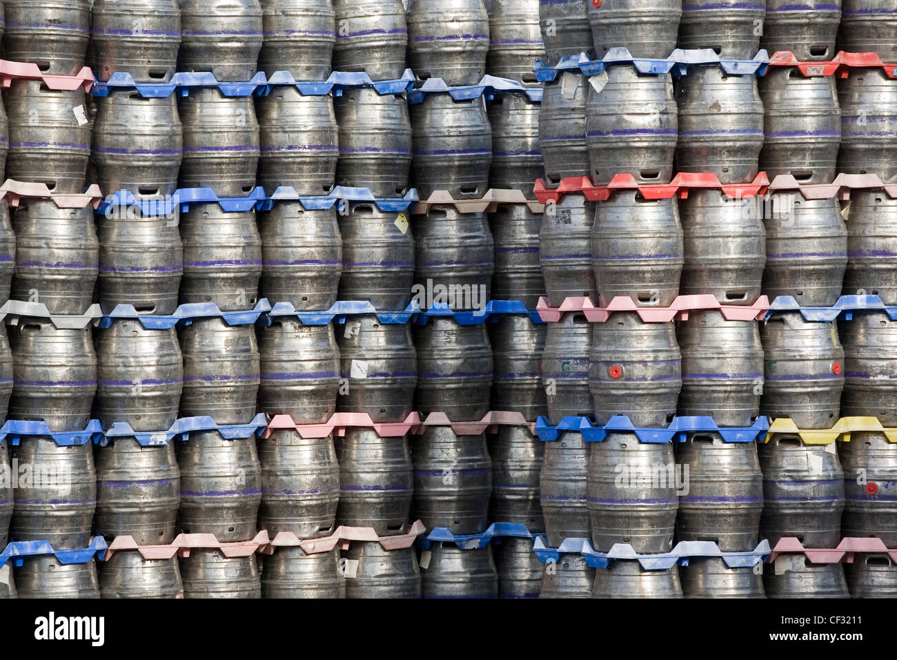 Beer kegs stacked at the Carlsberg Tetley brewery in Leeds Stock Photo