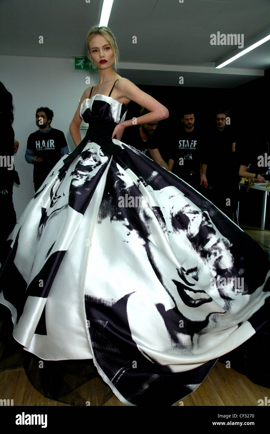 Dolce and Gabbana Backstage Milan Ready to Wear Autumn Winter wearing a monochrome Marilyn Monroe print crinoline ball gown Stock Photo