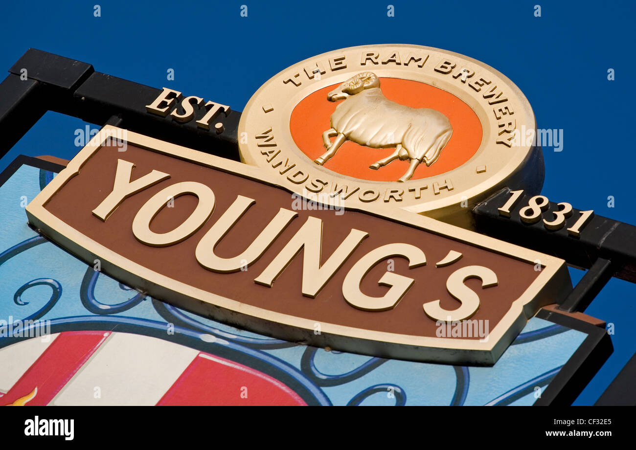 Young's brewery sign in Wandsworth. The brewery was founded in 1831 by Charles Young and Anthony Bainbridge but was closed in 20 Stock Photo