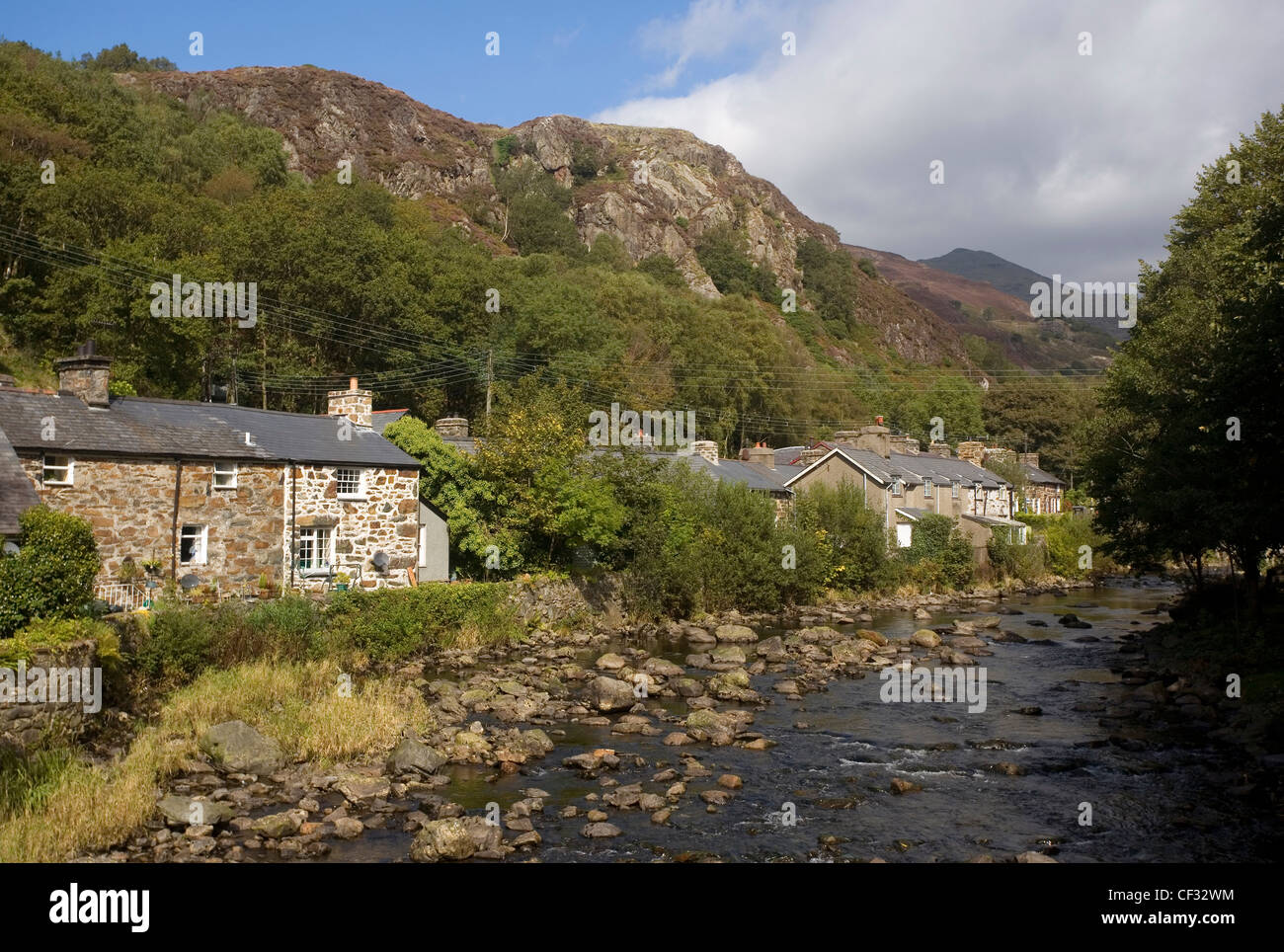 Stone houses by the River Colwyn in the village of Beddgelert in the