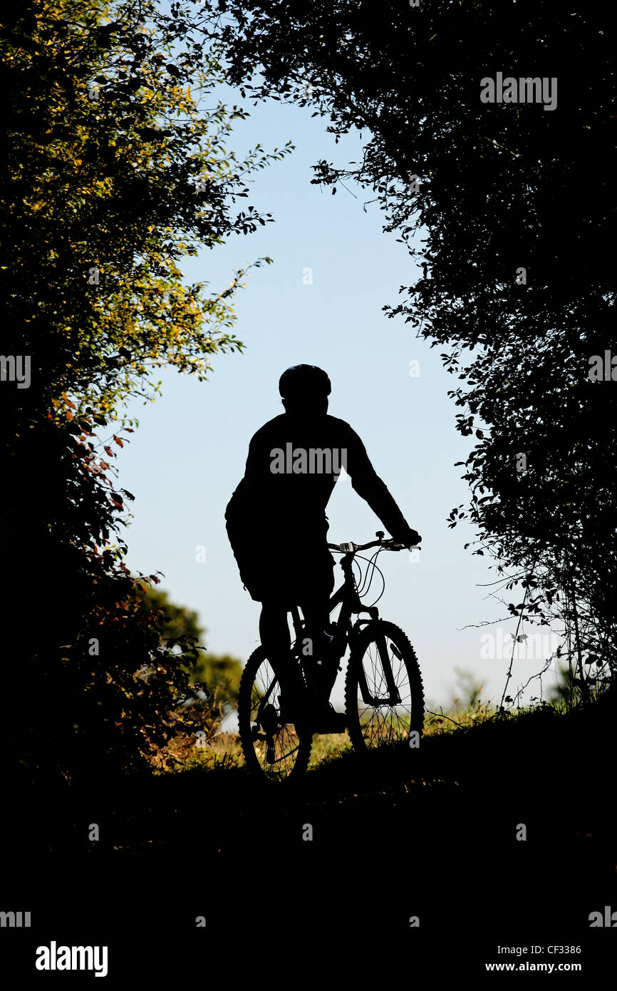 Silhouette of a man riding a mountain bike. Stock Photo