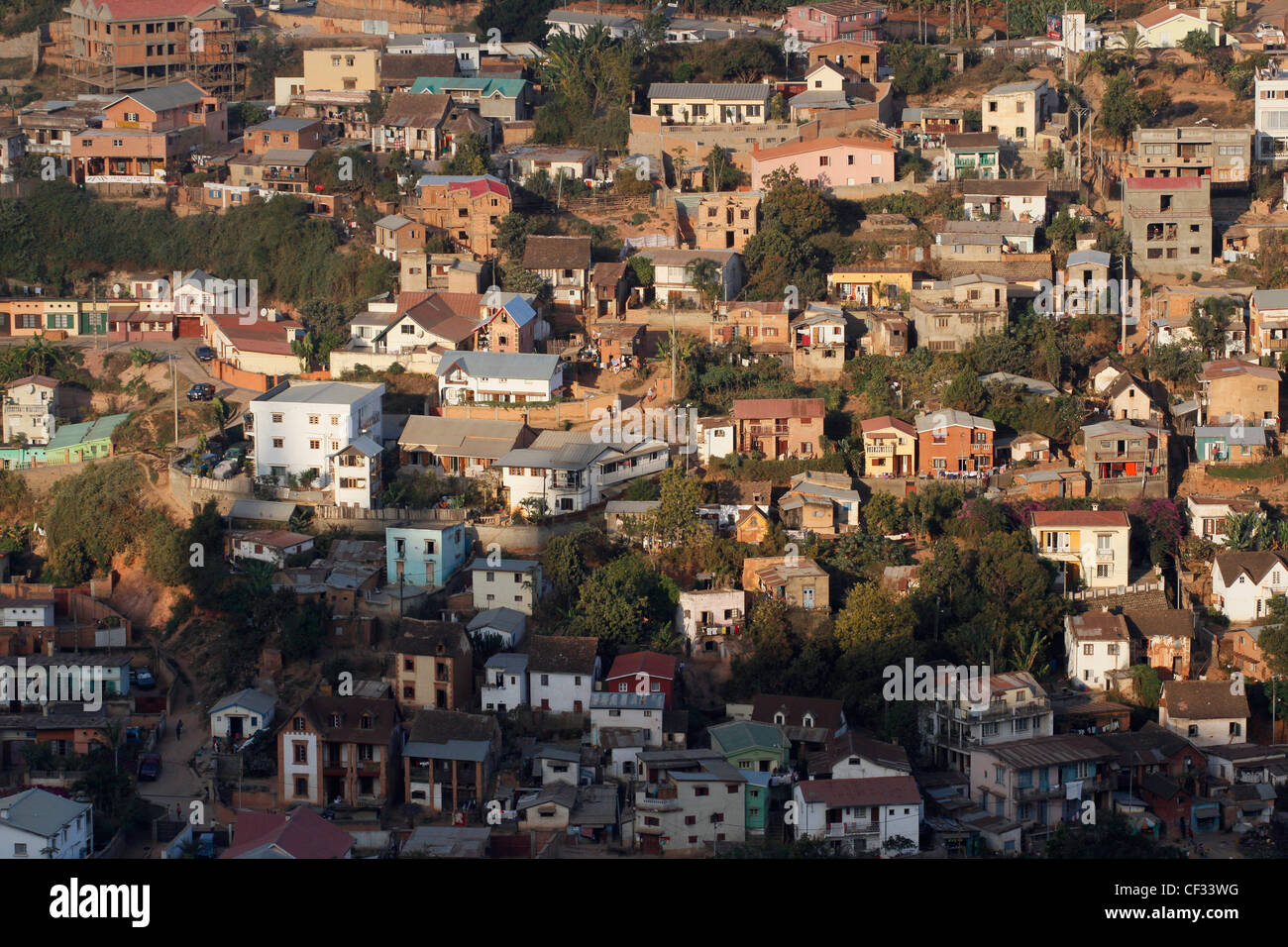 City view of housing, hills and paddy fields. Antananarivo. Madagascar. Stock Photo