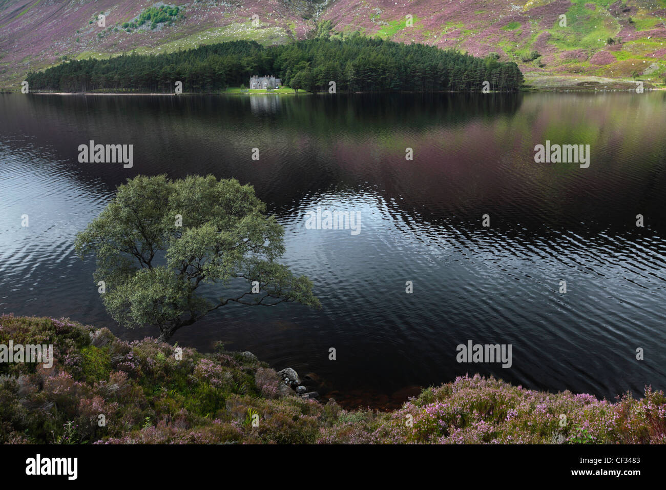 Glas-allt Shiel, a house on the banks of Loch Muick in the Cairngorms National Park. Stock Photo