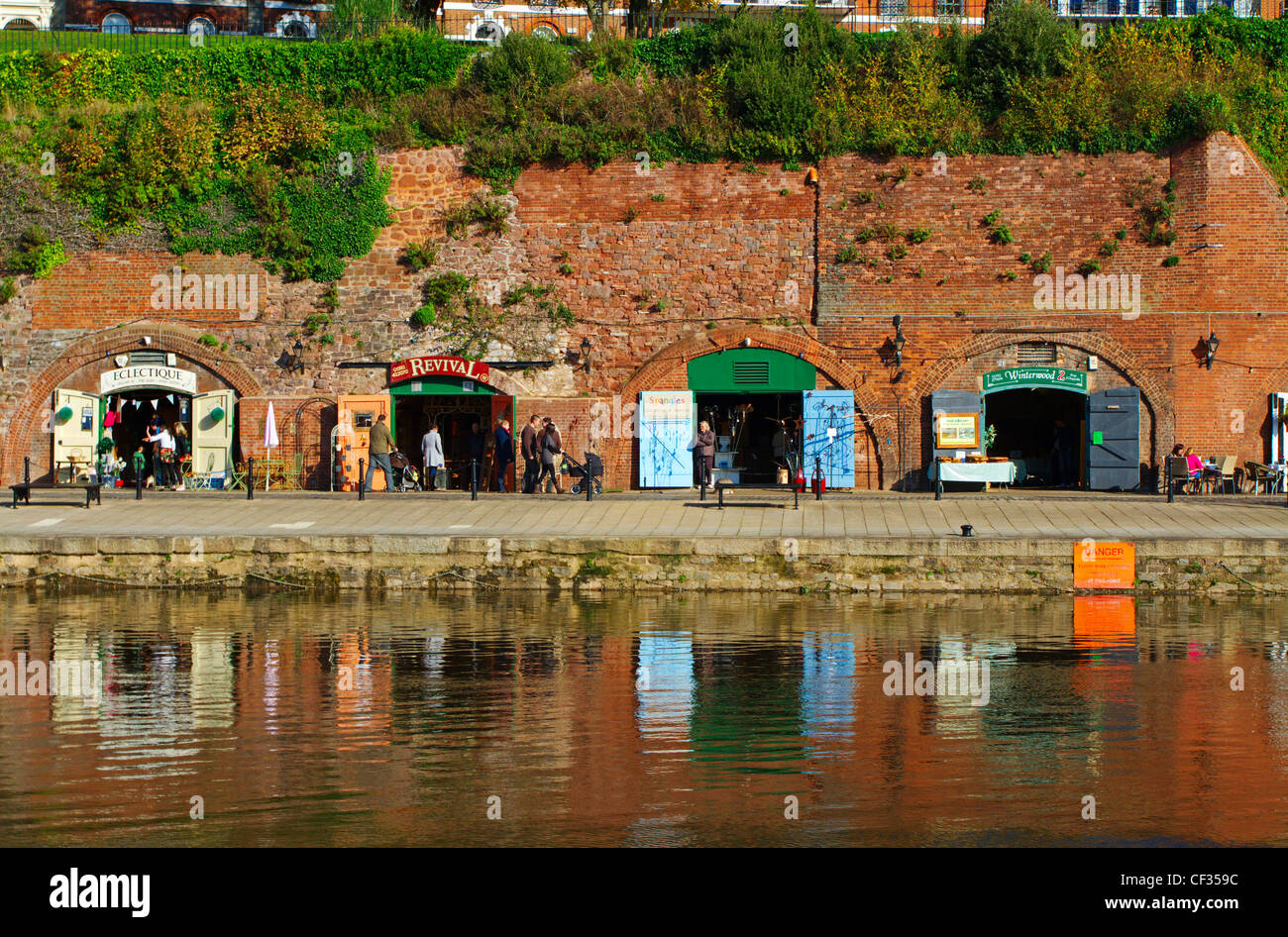 Craft shops in the old cellars on the Exeter Quayside. Stock Photo