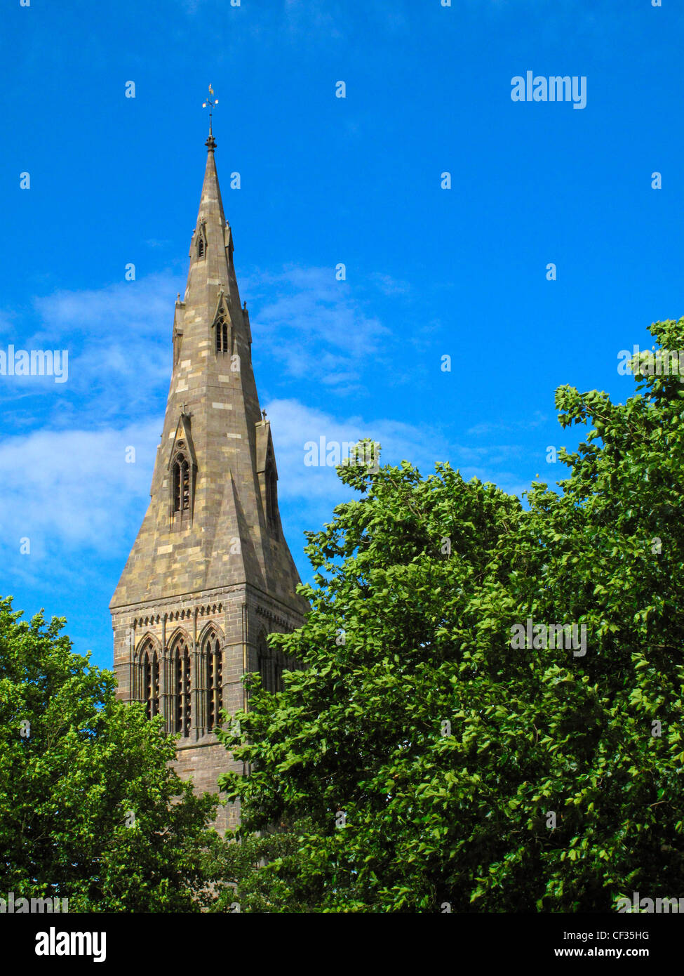 The steeple of Leicester Cathedral, or the Cathedral Church of St Martin. It is the fourth smallest Anglican cathedral in Englan Stock Photo