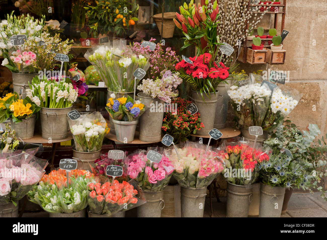 Freshly cut flowers are on display outside a flower shop in central