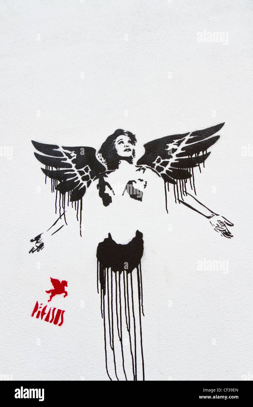 spray paint stencil by graffiti artist pegasus near brick lane stock stenciling spray paint