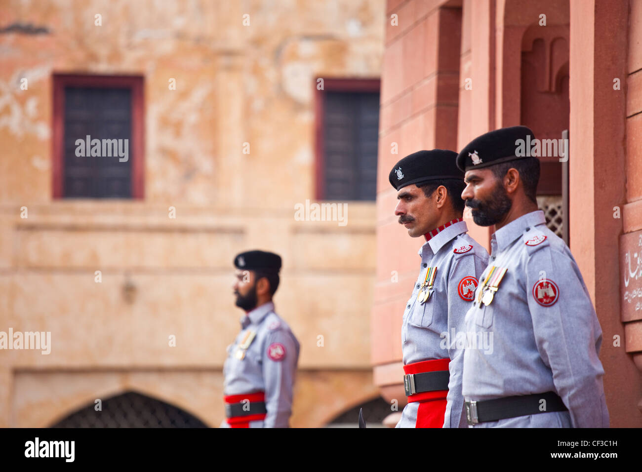 Honor Guard outside Allama Iqba Tomb, outside Badshahi Mosque, Lahore, Pakistan Stock Photo